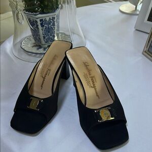 Salvatore Ferragamo Black Mules with Silver signature buckle
